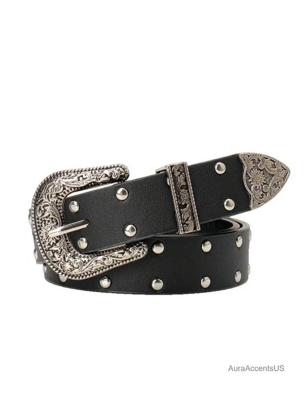 Women PU Leather Western Belt Carved Buckle Rivet Belt